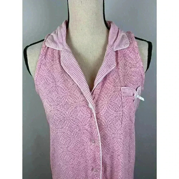Vtg Laura Ashley Babydoll Nightgown Sleeveless Button Front Collared Bow Pink M - Picture 3 of 11